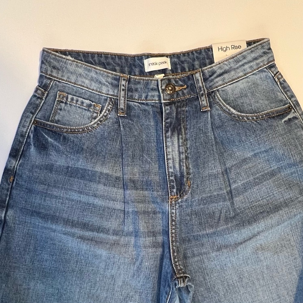 Sneak Peek Jeans Women Sz Small Blue Denim High Rise Tapered Leg Raw Hem, Pleats - Picture 4 of 11